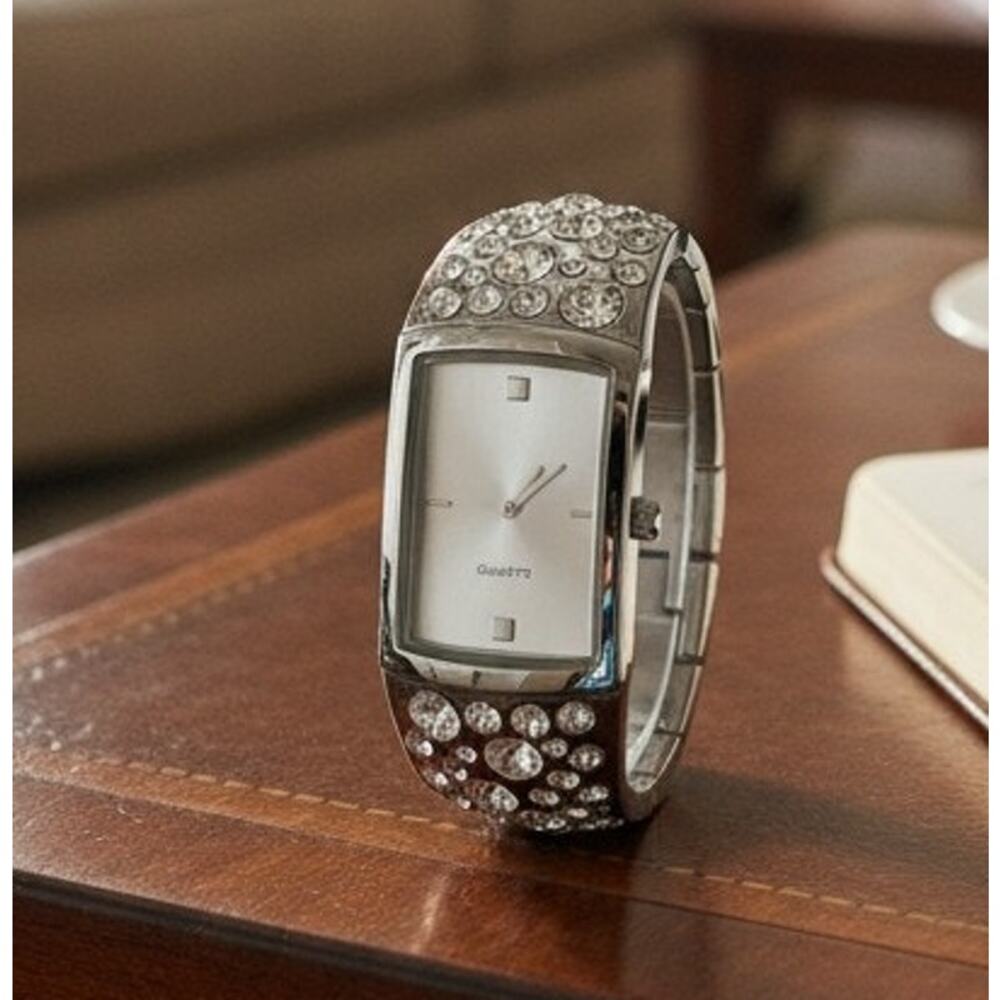 Chico's Silver Tone Rhinestone Cuff Watch Women's Quartz Hinged Bracelet